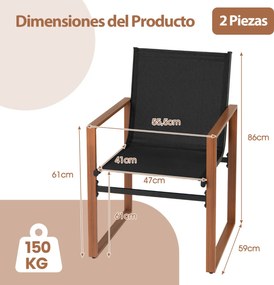 Conjunto de 2 cadeiras de jantar de jardim com encosto e apoios de braços em tecido Preto