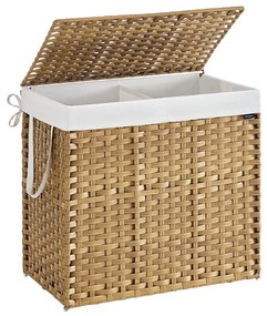 Cesto para roupa suja 66 x 40 x 61 cm em rattan sintético com 2 compartimentos, cor natural