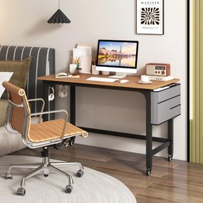 Secretária 120 x 60 x 75 cm com Rodas com Bolsa e Ganchos para Auscultadores Compacta Estrutura Metálica Natural