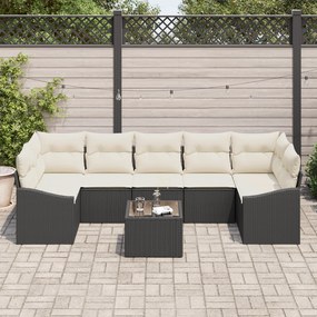 Conjunto de Sofá para Jardim de 8 Peças com Almofadas Preto Vime Poli
