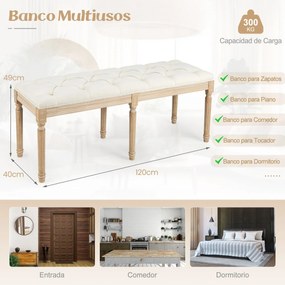 Banco de Entrada Vintage Francês de 20 x 40 x 49 cm com Pernas de Madeira Maciça de Cauchu Bege