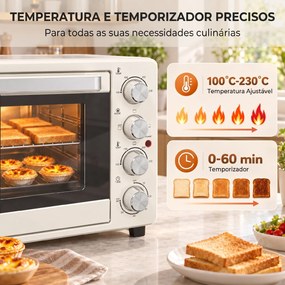Forno Elétrico de Bancada 32 L 1600 W com 3 Modos de Calor Temporizador e Temperatura Regulável 52,2x38,1x33,5 cm Creme