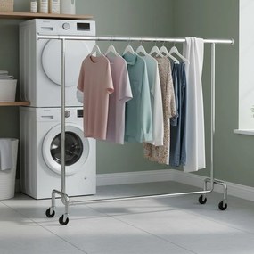 Cabide guarda roupa com rodas 45 x (160-200) x 162,9 cm, barra extensível, capacidade de carga até 110 kg prateado