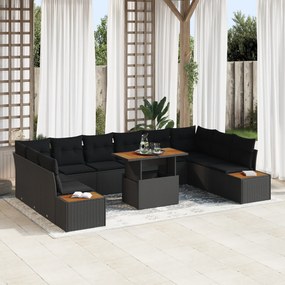 Conjunto de Jantar de 11 Peças com Almofadas Preto Rattan Poli Aço