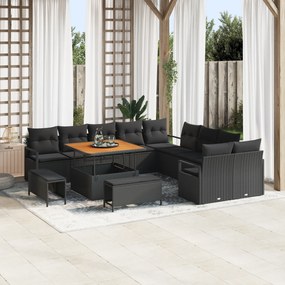 vidaXL Conjunto de Sofá de Jardim de 13 Peças com Almofadas Preto em Rattan Poliéster e Acácia