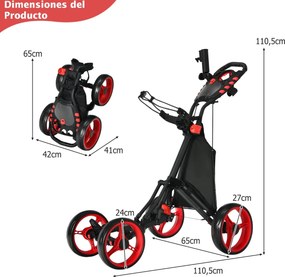 Carrinho de golfe dobrável, leve e de 4 rodas, com saco impermeável e travão de pé, suporte ajustável para guarda-chuva e copo - vermelho