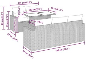 6 pcs conjunto de sofás jardim c/ almofadões vime PE castanho