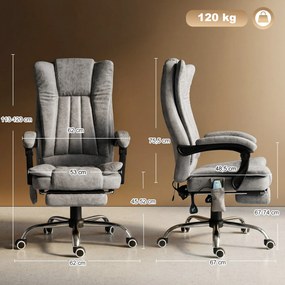 Cadeira de Escritório com 6 Pontos de Massagem Giratória Encosto Reclinável 135º Função de Aquecimento 62x67x113-120 cm Cinza