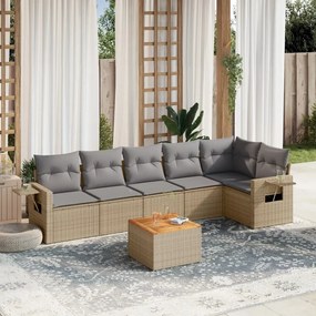 7 pcs conj. sofás jardim c/ almofadões vime PE bege misturado