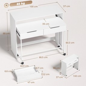 Secretária de Computador, 100 x 37 x 88 cm, Tampo Deslizante Extensível, Branco