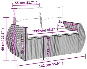 5 pcs conj. sofás jardim c/ almofadões vime PE cinzento-claro