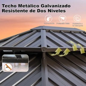 Pérgula jardim 354 x 294 cm com rede Mosquiteira Cortinas Telhado Metálico Duplo Galvanizado Estrutura de Alumínio Café