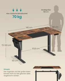 Secretária eletrica com altura ajustável 140 x 60 x (72-120) cm castanho vintage-preto