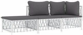 3 pcs conjunto lounge de jardim com almofadões aço branco