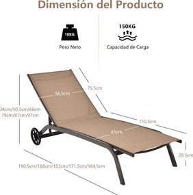 Conjunto de 2 espreguiçadeiras com rodas, tecido de secagem rápida e encosto reclinável em 6 posições, para exterior, piscina, pátio e jardim, castanh