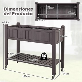 Floreira de jardim elevada Plastico 108 x 44 x 88,5 cm com rodas divisível com monitor de água, orifício de drenagem, prateleira para legumes e ervas,