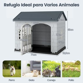 Casota de plástico para cães com 3 janelas e porta com fechadura, telhado inclinado, para interior e exterior, 75 x 58 x 65 cm, Cinzento