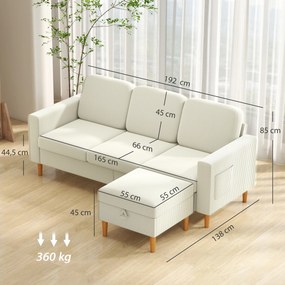 Sofá de 3 lugares 192 x 138 x 85 cm com apoio para os pés, sofá em veludo canelado, assento e encosto almofadados, bege