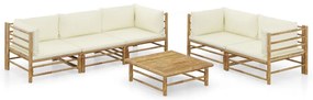 6 pcs conj. lounge p/ jardim em bambu c/ almofadões branco nata