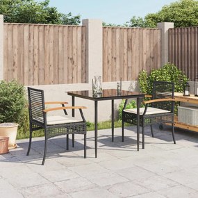vidaXL 3 pcs conjunto de jantar p/ jardim c/ almofadões vime PE preto