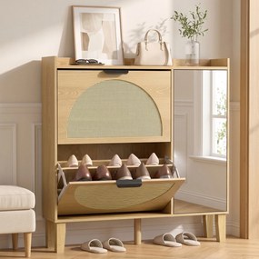 Sapateira Estreita Boho com Espelho 2 Portas em Rattan Armário 10 Pares Prateleiras Ajustáveis 94,5x24x96,5 cm Cor Carvalho