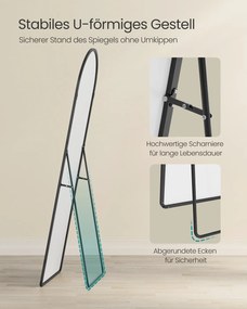 Espelho pé de corpo inteiro de 160 x 50 cm com moldura arqueada em vidro temperado preto