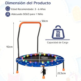 Trampolim para crianças 92 cm com luzes LED Pega de segurança Tapete de saltos redondo Cobertura 3-6 anos Azul