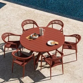 Conjunto De Mesa Extensível Redonda 145-200x145 Cm Barces E 6 Cadeiras De Jardim Empilháveis Com Braços Em Alumínio Amatria Telha Vermelha - Sklum