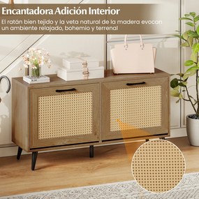 Sapateira de rattan 100 x 30 x 53 cm com 2 gavetas basculantes, superfície ampla, prateleiras ajustáveis e pés de metal para um toque natural