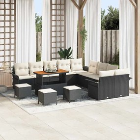 Conjunto de Sofá de Jardim vidaXL de 14 Peças com Almofadas Preto Rattan Sintético Acácia