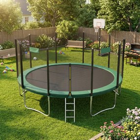 Trampolim de 427 cm, para crianças com rede de segurança e cobertura de borda e Escada Verde escuro