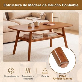 Mesa de Centro Retangular, 100 x 53,5 x 45,5 cm, Prateleira de Rotim PE, Castanho
