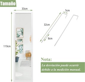 Espelho de parede de corpo inteiro com ganchos para porta Espelho 33 x 119 cm Branco