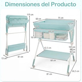 Mesa Trocador fraldas para Bebés Portátil e Dobrável Altura Ajustável 3 Níveis Organizador Móvel com Cesto Prateleira Rodas e Travão turquesa
