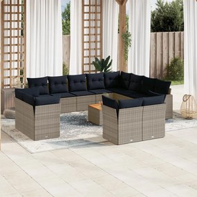 vidaXL 13 pcs conjunto sofás p/ jardim c/ almofadões vime PE cinzento