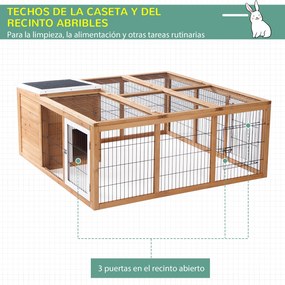 PawHut Coelheira de Exterior Gaiola para Coelhos Porquinho da India Animais Pequenos com 2 Portas Superiores e Teto Asfáltico Dobrável 123x120x52cm Madeira Natural