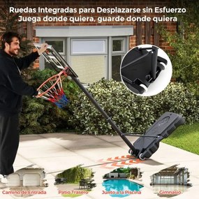 Cesto de basquetebol infantil portátil de 100-212 cm com tabela de PC inquebrável, base enchível e rodas Preto e branco