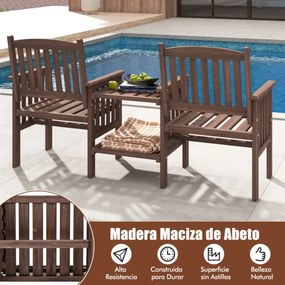Banco de jardim com mesa com 2 níveis e orifício para guarda-sol em madeira de abeto natural castanho escuro