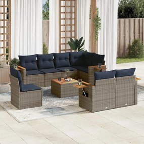 9 pcs conjunto sofás p/ jardim c/ almofadões vime PE cinzento