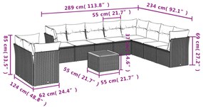 11 pcs conjunto sofás de jardim c/ almofadões vime PE cinzento