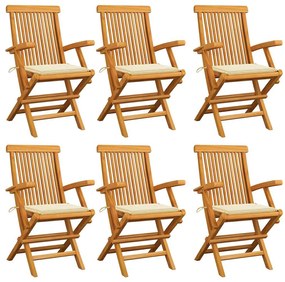 Cadeiras de jardim c/ almofadões creme 6 pcs teca maciça