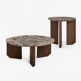 Conjunto De 2 Mesas De Centro Redondas Em Pedra Natural E Madeira De Mangueira Lavinia Mármore Castanho Emperador & Madeira De Cabo Escuro - Sklum