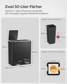 Caixote lixo com Separador de resíduos 60 litros (2 x 30 L) Preto