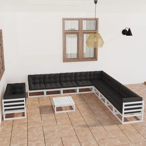 vidaXL 12 pcs conj. lounge de jardim c/ almofadões pinho maciço branco