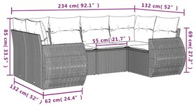 6 pcs conjunto de sofás jardim c/ almofadões vime PE castanho