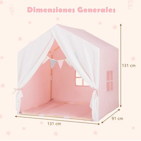 Tenda Infantil com Tapete Lavável e Janelas Estrutura em Madeira Maciça 131 x 91 x 131 cm Rosa