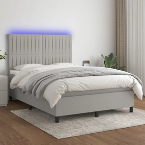 Cama box spring c/ colchão e LED 140x190 cm tecido cinza-claro