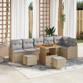 Conjunto de Sofá para Jardim 9 Peças com Almofadas Bege Rattan Acássia