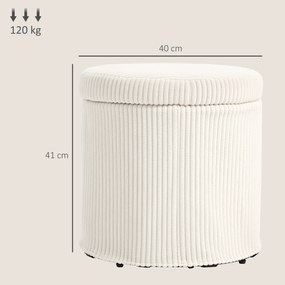 Puff de Arrumação Baú de Arrumação Redondo Estofado em Veludo Cotelê  Tampa Removível Ø40x41 cm Creme