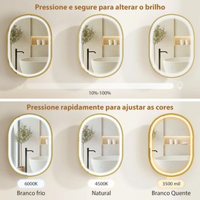 Armário de Casa de Banho com Espelho e Luzes LED de 3 Cores Armário de Parede Oval com Memória e Função Antivapor Dourado